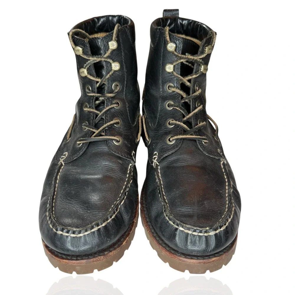 Frye Boots Men's Size 10.5 Black Leather Made In USA Lace Up Apron Moc Toe Shoes